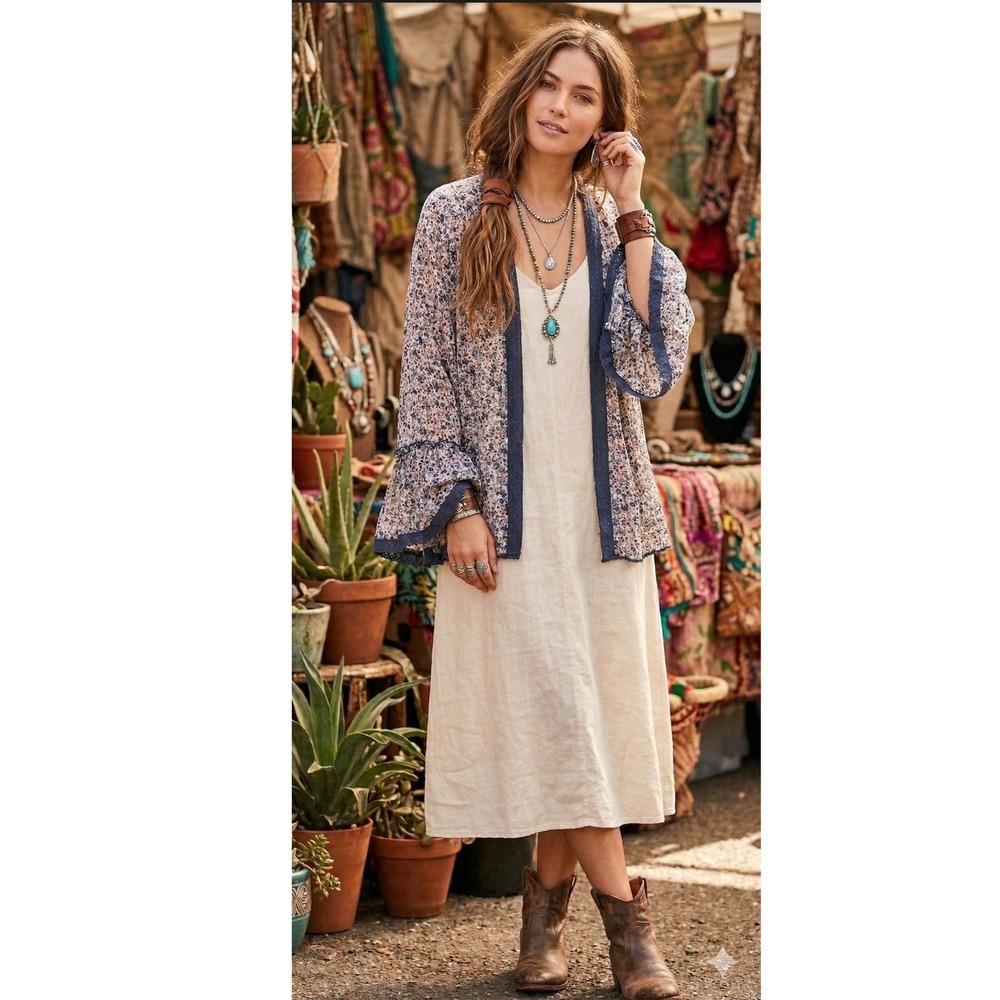 ANTHROPOLGIE NALINI Women One Size Top Open Metallic Crochet Kimono Flowing Boho